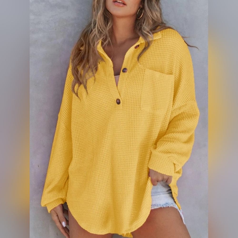 Women's Full Size Sunny Yellow Button Detail Waffle Knit Oversized Blouse